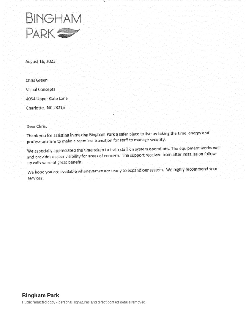 Bingham Park redacted reference letter