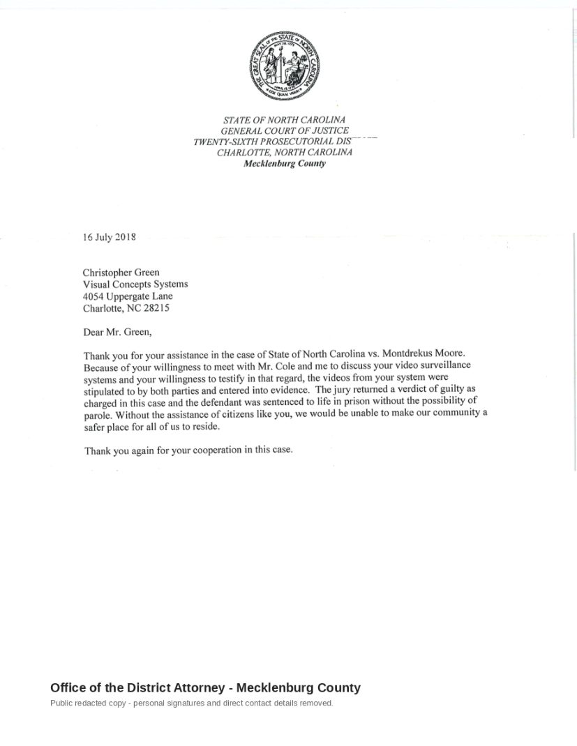 Office of the District Attorney redacted reference letter