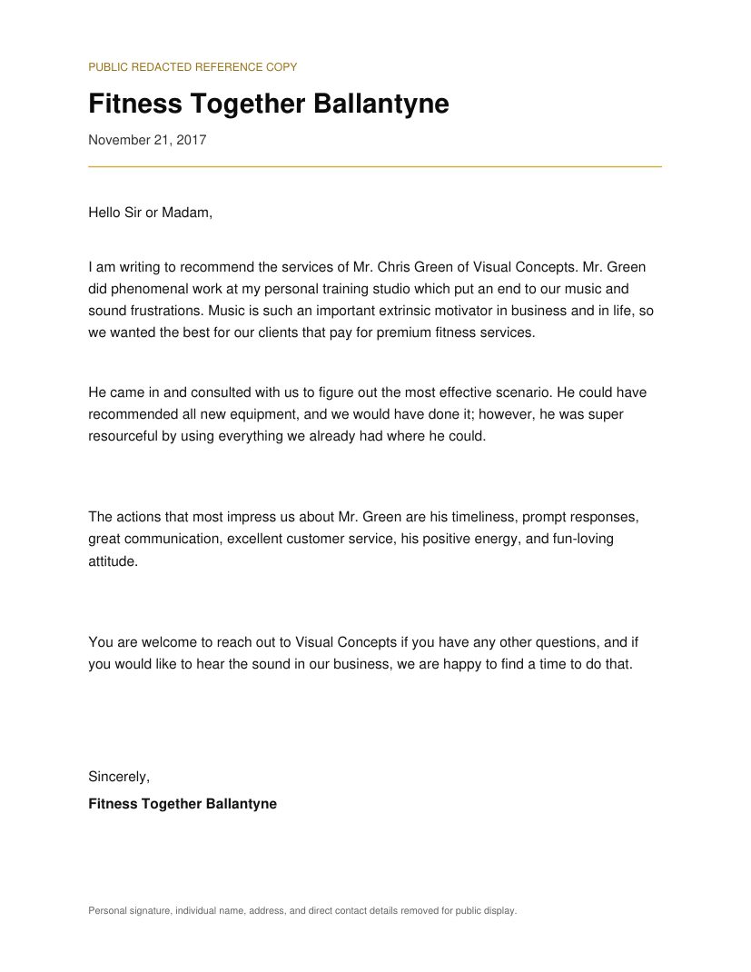 Fitness Together Ballantyne redacted reference letter