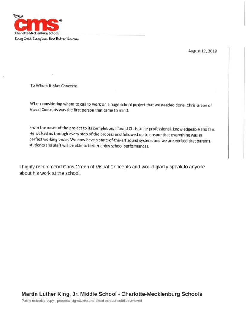 Martin Luther King, Jr. Middle School redacted reference letter