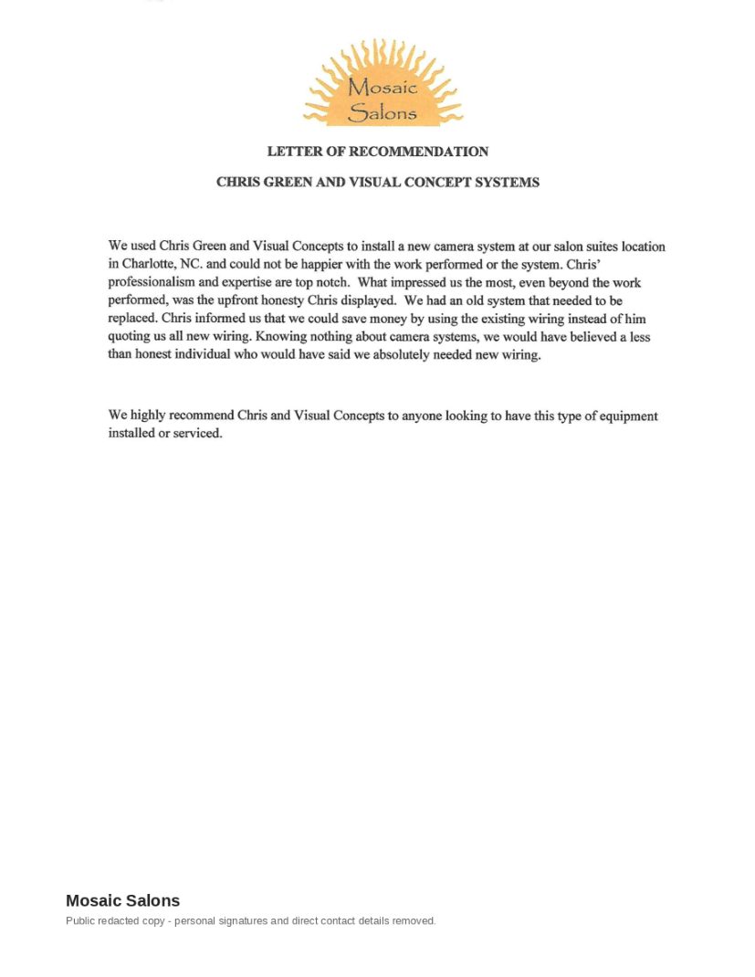 Mosaic Salons redacted reference letter